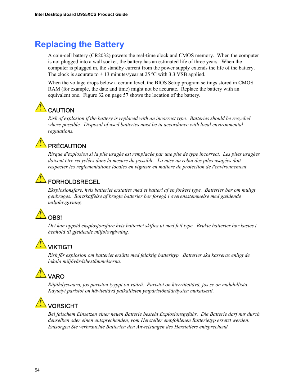 Replacing the battery | Intel D955XCS User Manual | Page 54 / 74