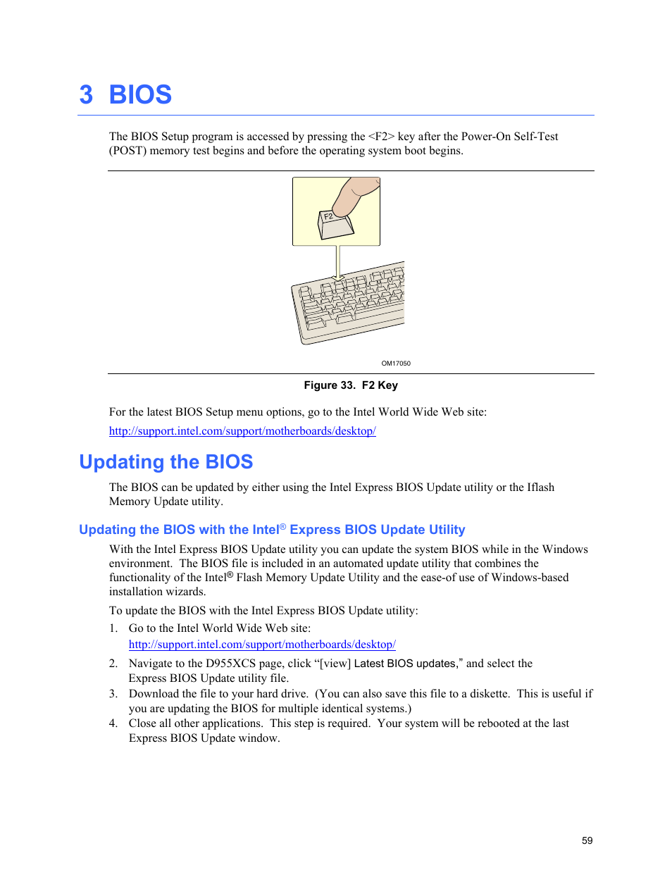 3 bios, Info, Updating the bios | Updating the bios with the intel, Express bios update utility, F2 key | Intel D955XCS User Manual | Page 59 / 74