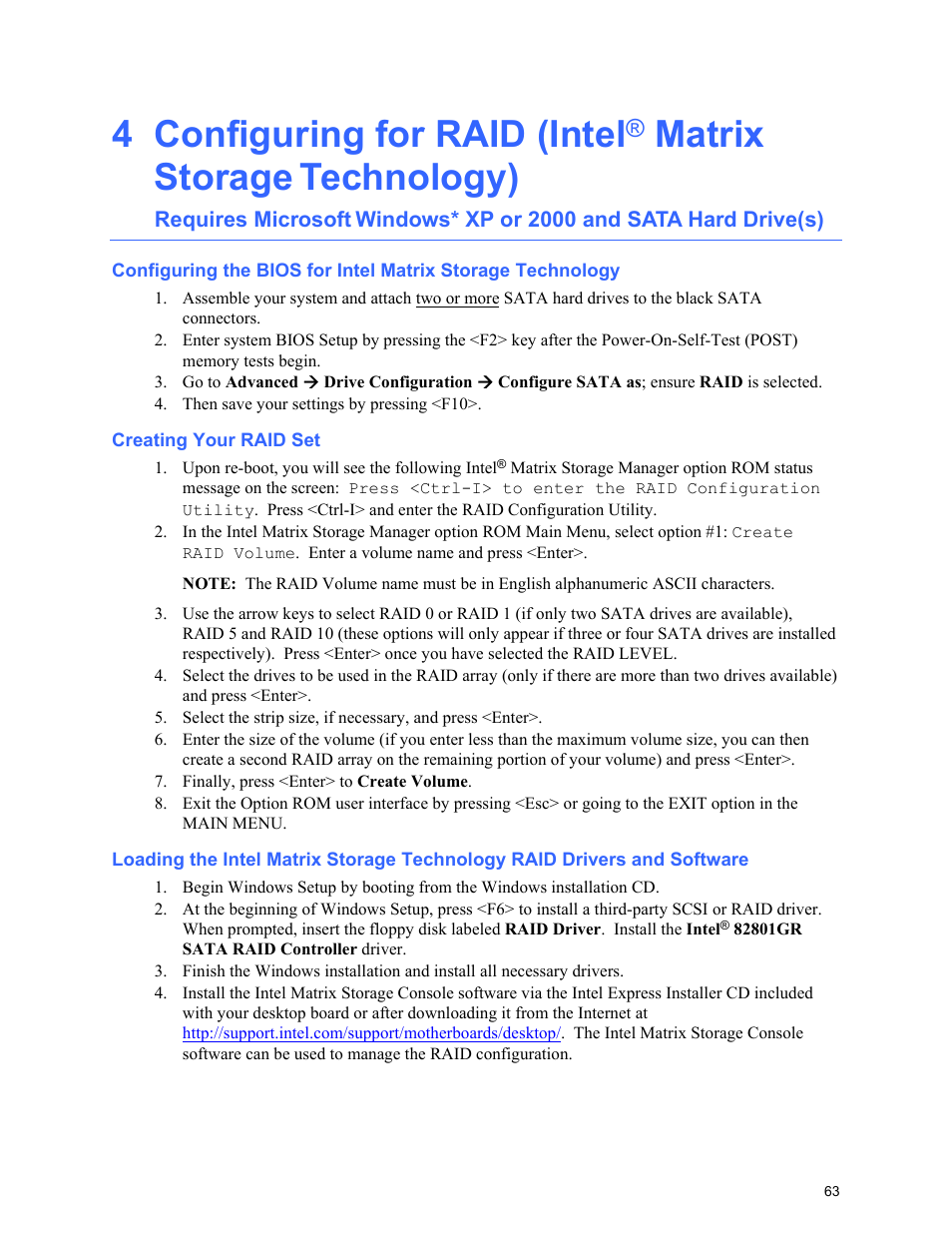 Creating your raid set, 4 configuring for raid (intel, Matrix storage technology) | Intel D955XCS User Manual | Page 63 / 74