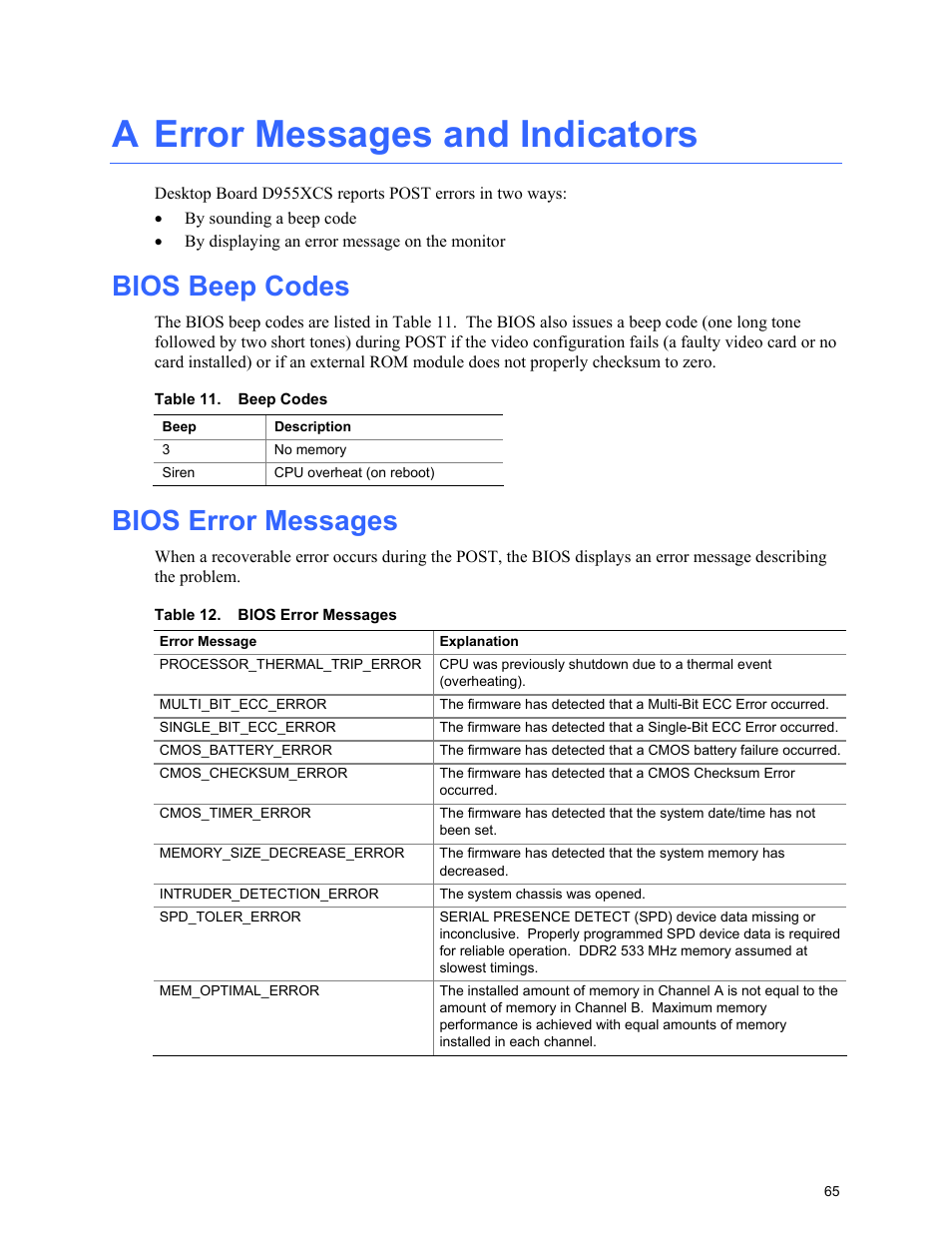 B regulatory compliance, Safety, Bios beep codes | Bios error messages, Beep codes, A error messages and indicators | Intel D955XCS User Manual | Page 65 / 74