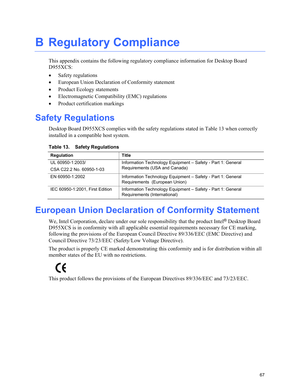 Safety regulations, European union declaration of conformity statement, B regulatory compliance | Intel D955XCS User Manual | Page 67 / 74
