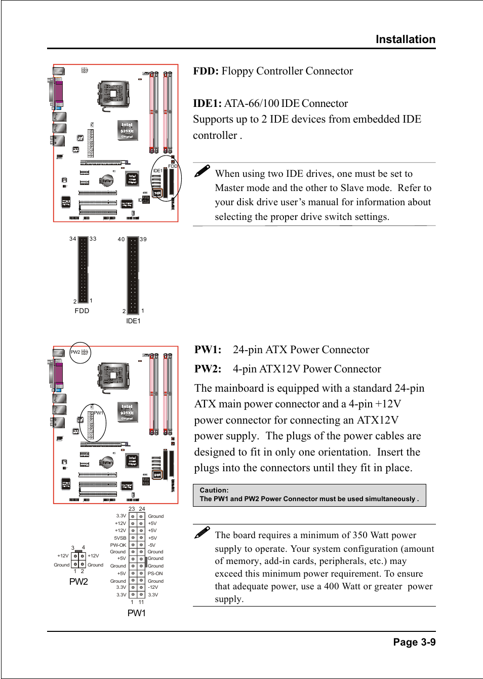 Installation, Page 3-9, Pw1 pw2 | Intel I925XE User Manual | Page 25 / 82
