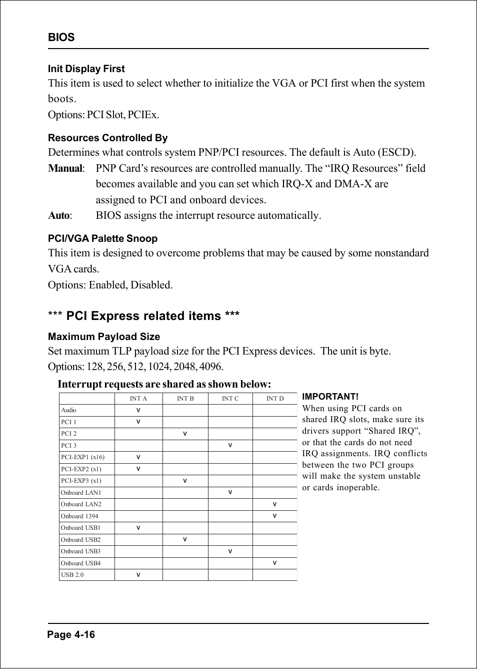 Pci express related items, Bios, Page 4-16 init display first | Resources controlled by, Pci/vga palette snoop, Maximum payload size | Intel I925XE User Manual | Page 50 / 82