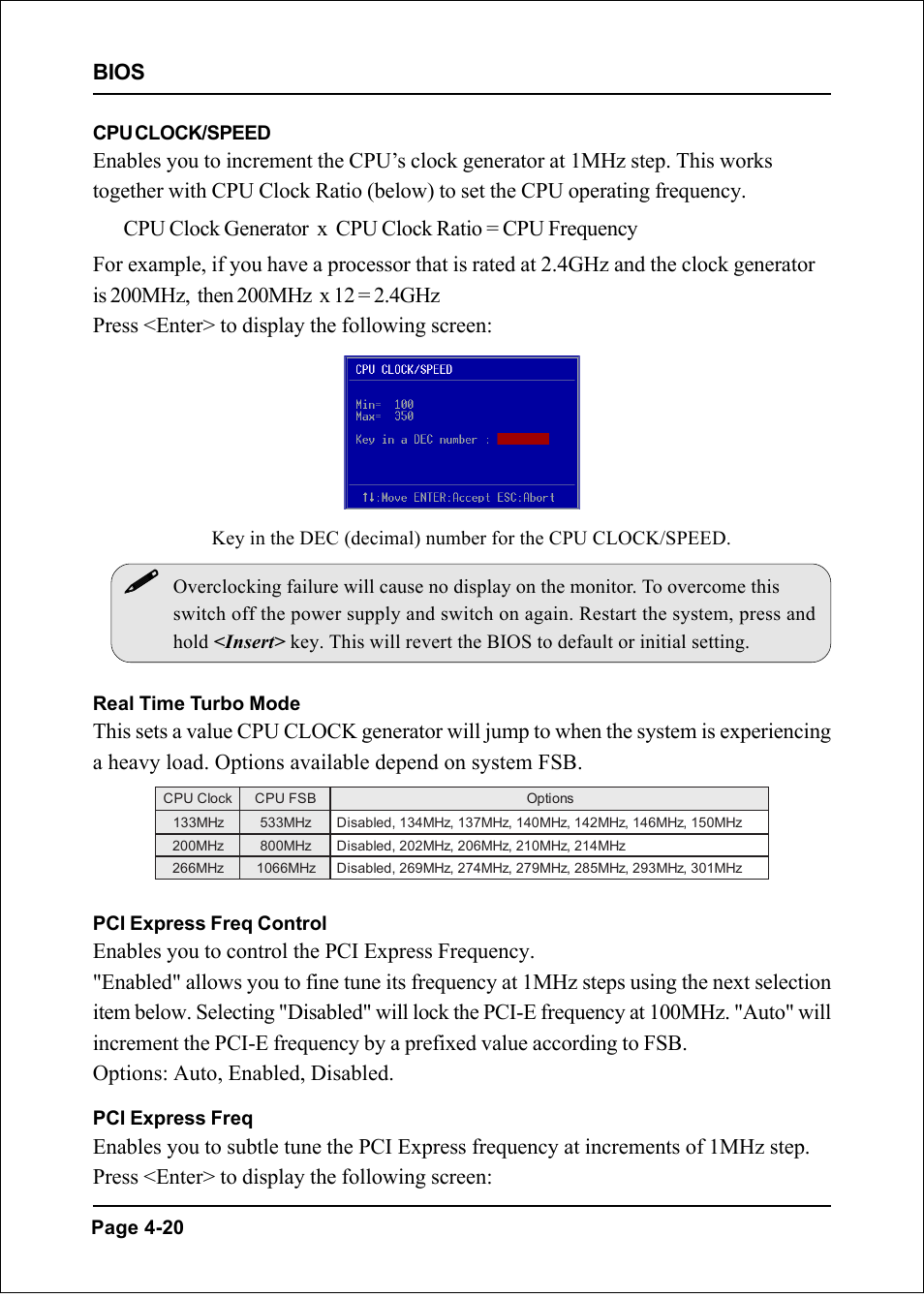 Bios, Page 4-20 cpu clock/speed, Pci express freq control | Pci express freq | Intel I925XE User Manual | Page 54 / 82