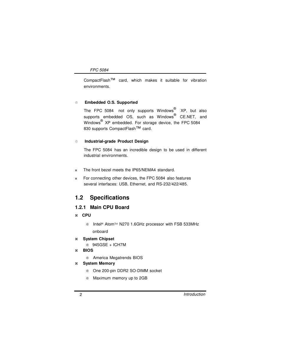 2 specifications, 1 main cpu board | Intel FPC 5084 User Manual | Page 10 / 73