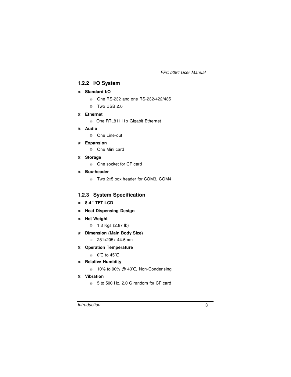 2 i/o system, 3 system specification | Intel FPC 5084 User Manual | Page 11 / 73