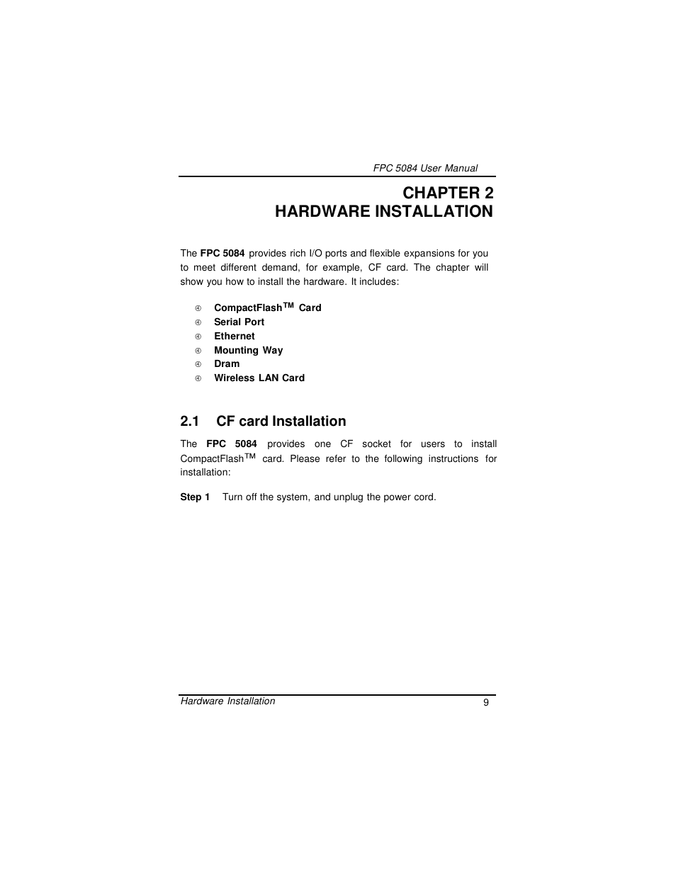 Chapter 2 hardware installation, 1 cf card installation | Intel FPC 5084 User Manual | Page 17 / 73