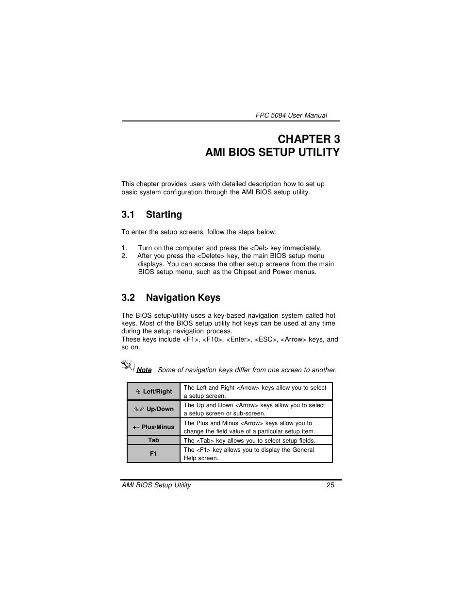 Chapter 3 ami bios setup utility, 1 starting, 2 navigation keys | Intel FPC 5084 User Manual | Page 35 / 73
