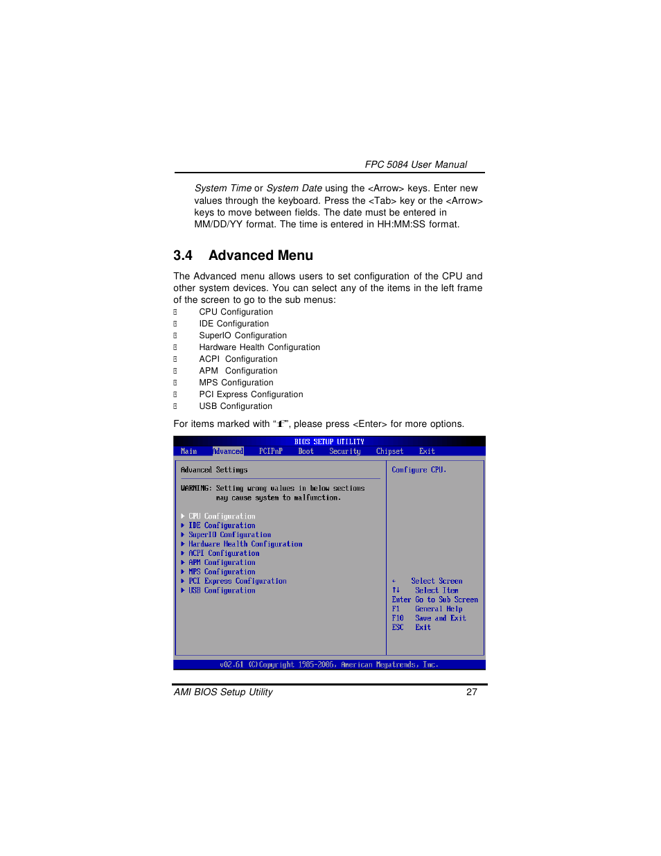 4 advanced menu | Intel FPC 5084 User Manual | Page 37 / 73