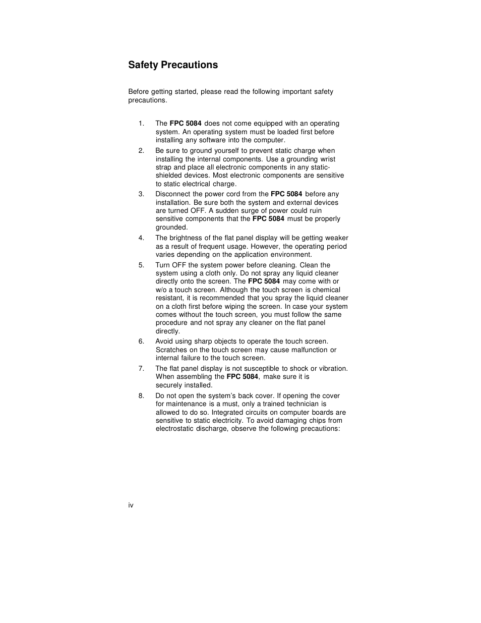 Safety precautions | Intel FPC 5084 User Manual | Page 4 / 73