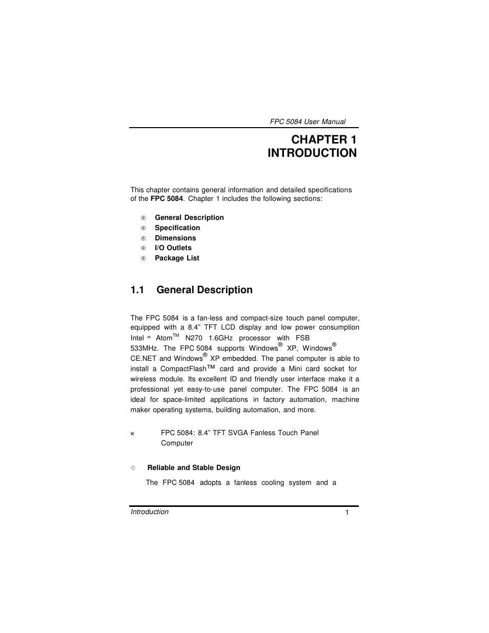 Chapter 1 introduction, 1 general description | Intel FPC 5084 User Manual | Page 9 / 73