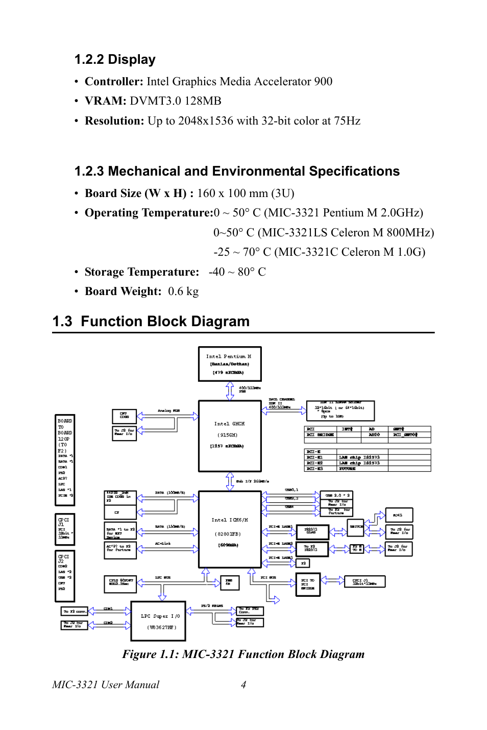 2 display, 3 mechanical and environmental specifications, 3 function block diagram | Figure 1.1: mic-3321 function block diagram, Display, Mechanical and environmental specifications, Function block diagram, Figure 1.1:mic-3321 function block diagram | Intel 3U Compact PCI User Manual | Page 10 / 50