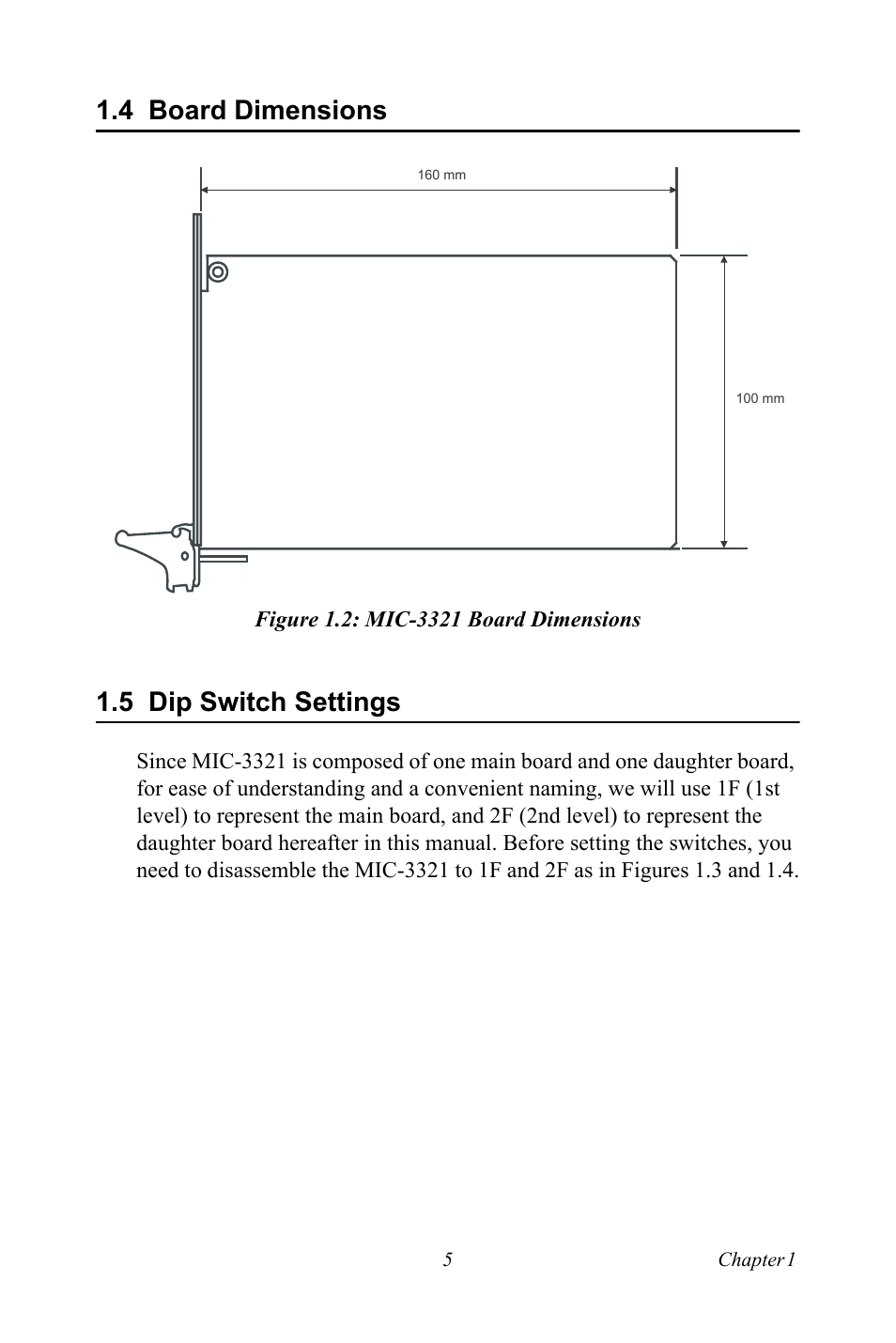 4 board dimensions, Figure 1.2: mic-3321 board dimensions, 5 dip switch settings | Board dimensions, Figure 1.2:mic-3321 board dimensions, Dip switch settings | Intel 3U Compact PCI User Manual | Page 11 / 50