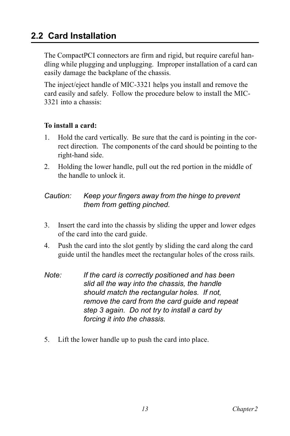 2 card installation, Card installation | Intel 3U Compact PCI User Manual | Page 19 / 50
