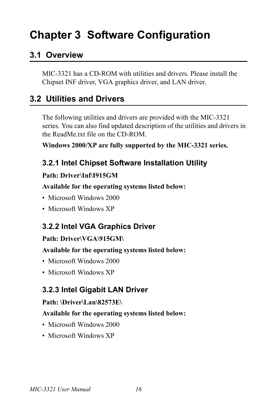 Chapter 3 software configuration, 1 overview, 2 utilities and drivers | 1 intel chipset software installation utility, 2 intel vga graphics driver, 3 intel gigabit lan driver, Chapter, 3 software configuration, Overview, Utilities and drivers | Intel 3U Compact PCI User Manual | Page 22 / 50