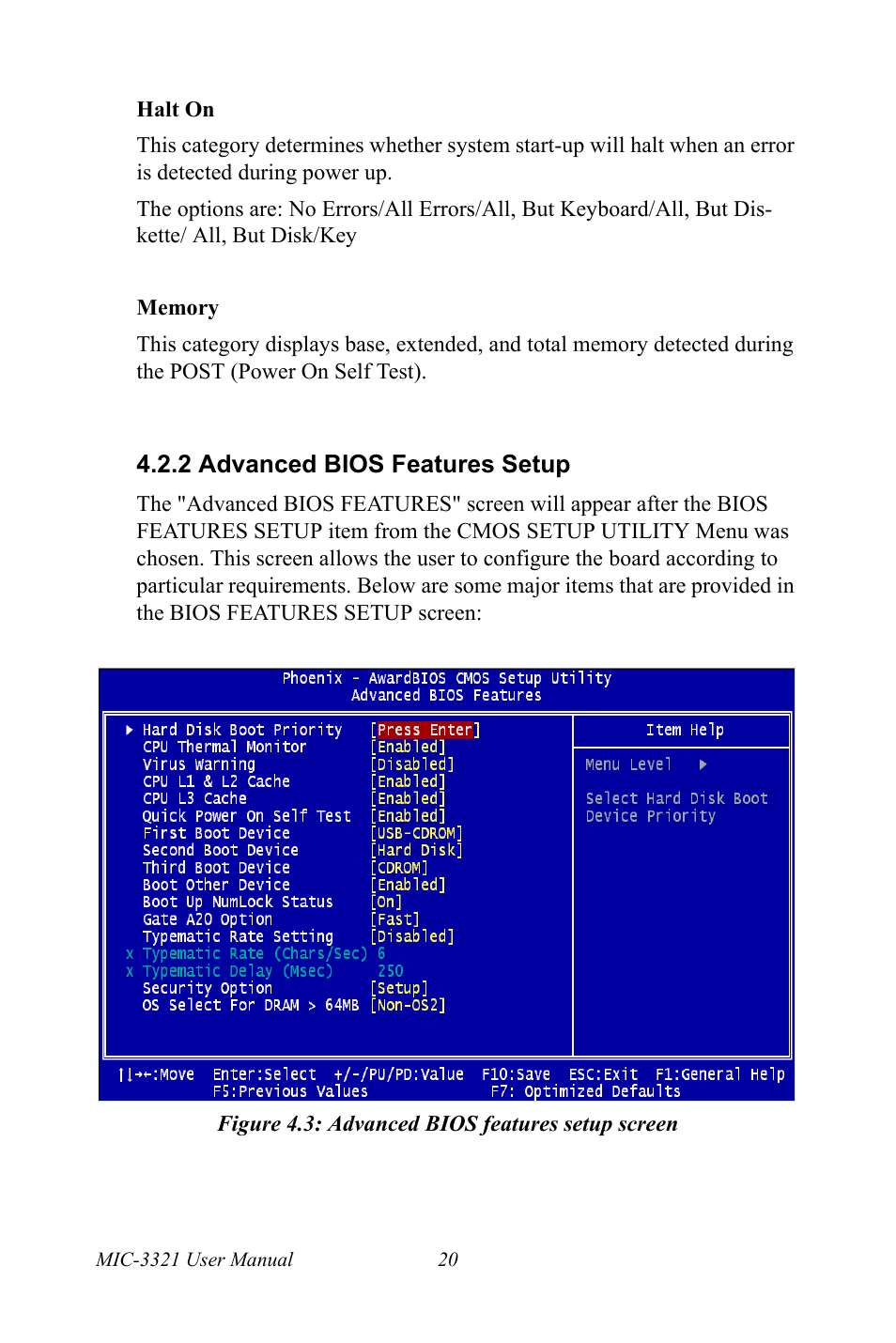2 advanced bios features setup, Figure 4.3: advanced bios features setup screen | Intel 3U Compact PCI User Manual | Page 26 / 50