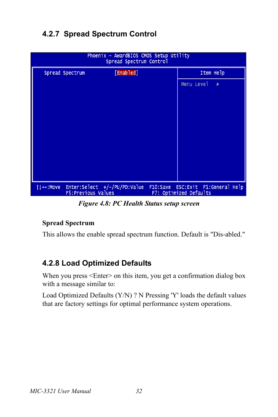 7 spread spectrum control, Figure 4.8: pc health status setup screen, 8 load optimized defaults | Load optimized defaults | Intel 3U Compact PCI User Manual | Page 38 / 50