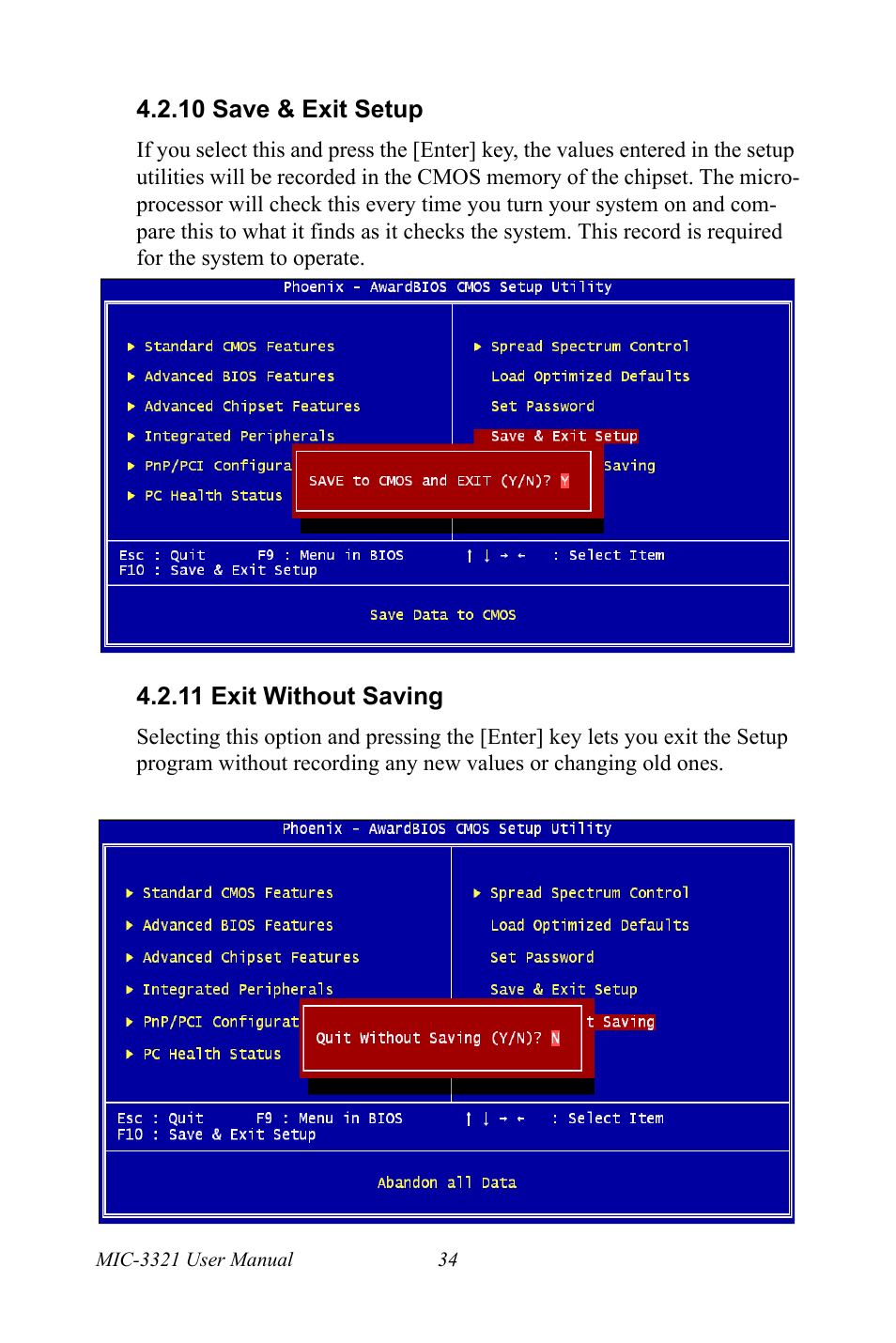 10 save & exit setup, 11 exit without saving, 10 save & exit setup 4.2.11 exit without saving | Intel 3U Compact PCI User Manual | Page 40 / 50
