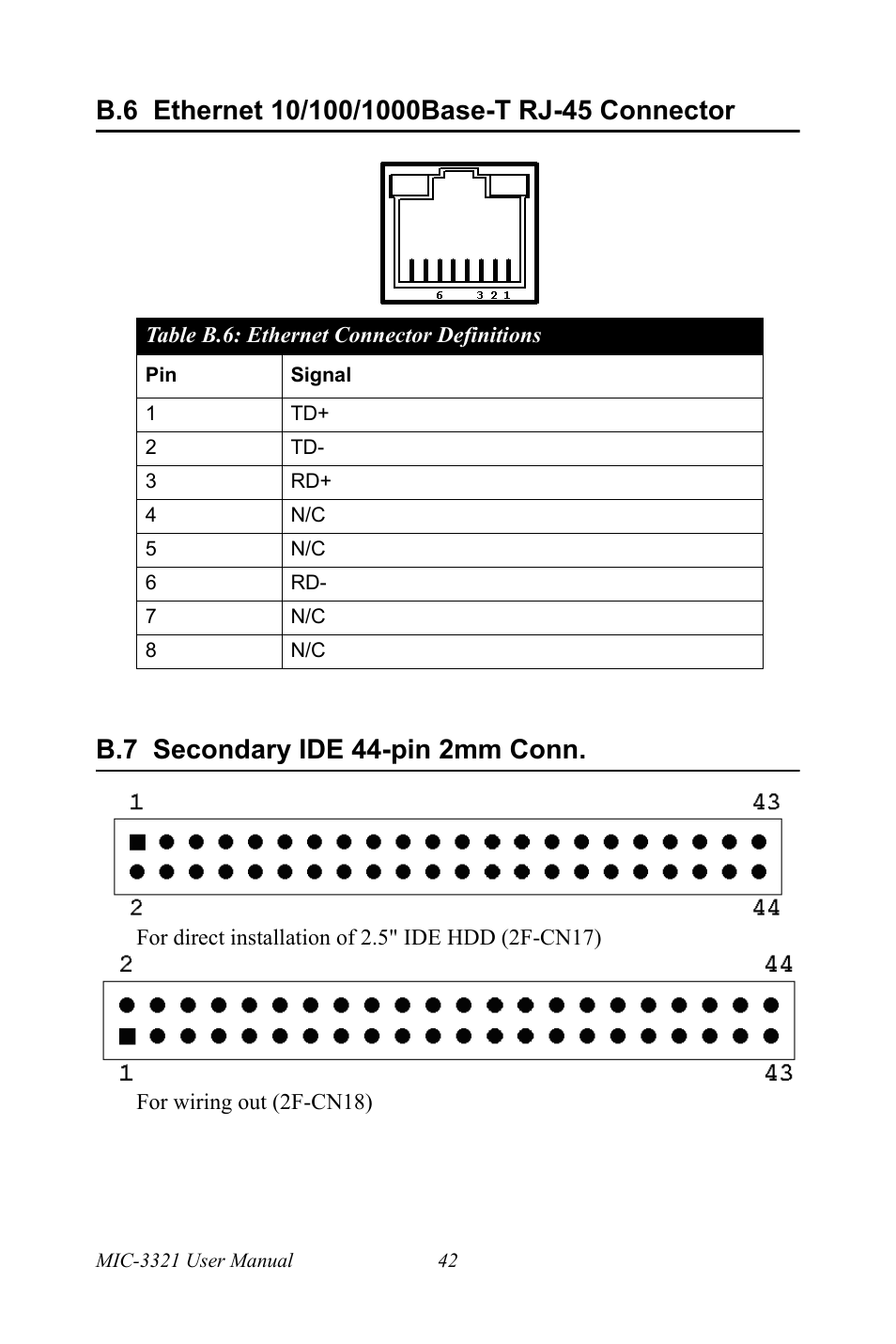 B.6 ethernet 10/100/1000base-t rj-45 connector, Ethernet connector definitions, B.7 secondary ide 44-pin 2mm conn | Ethernet 10/100/1000base-t rj-45 connector, Table b.6:ethernet connector definitions, Secondary ide 44-pin 2mm conn | Intel 3U Compact PCI User Manual | Page 48 / 50