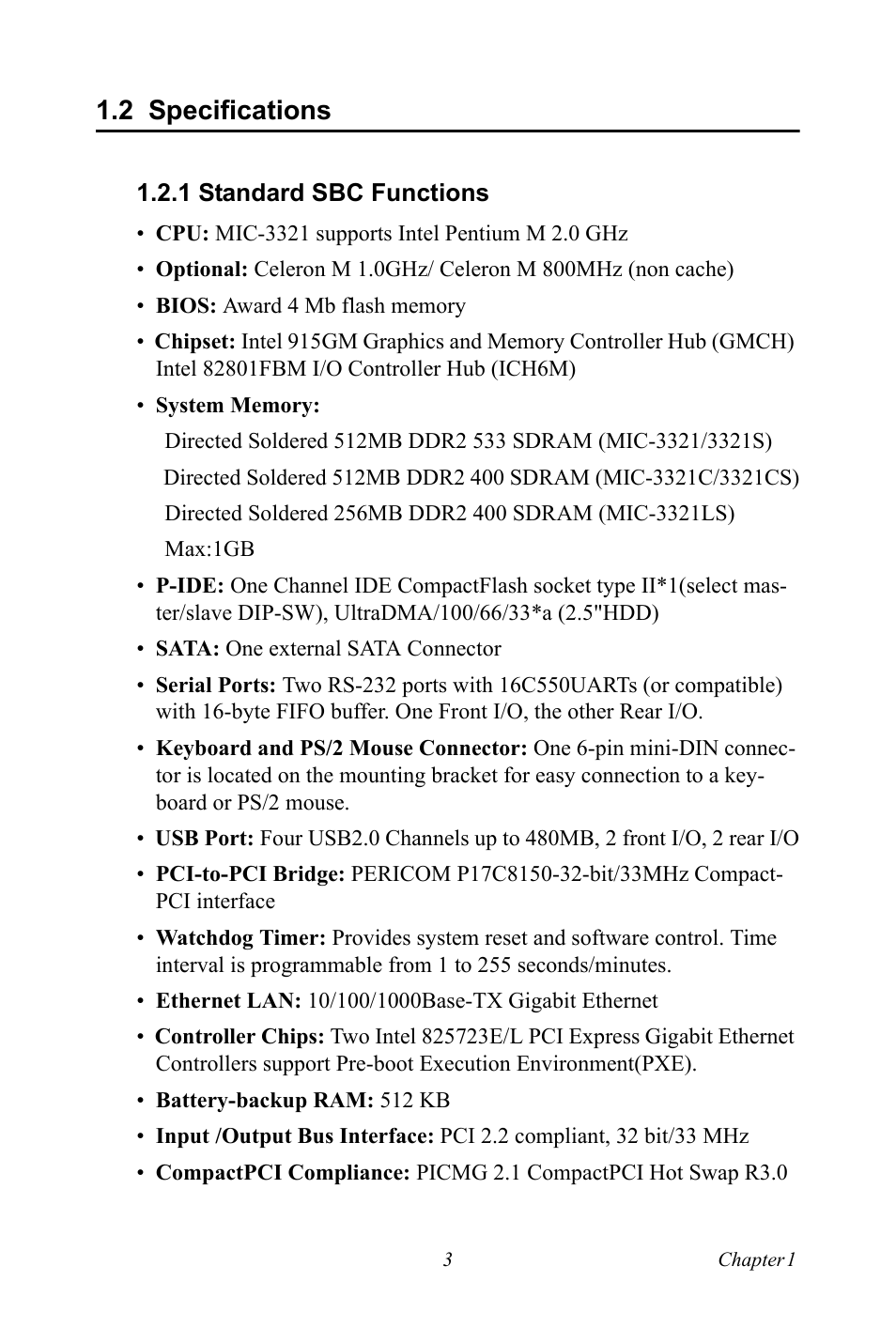 2 specifications, 1 standard sbc functions, Specifications | Standard sbc functions | Intel 3U Compact PCI User Manual | Page 9 / 50