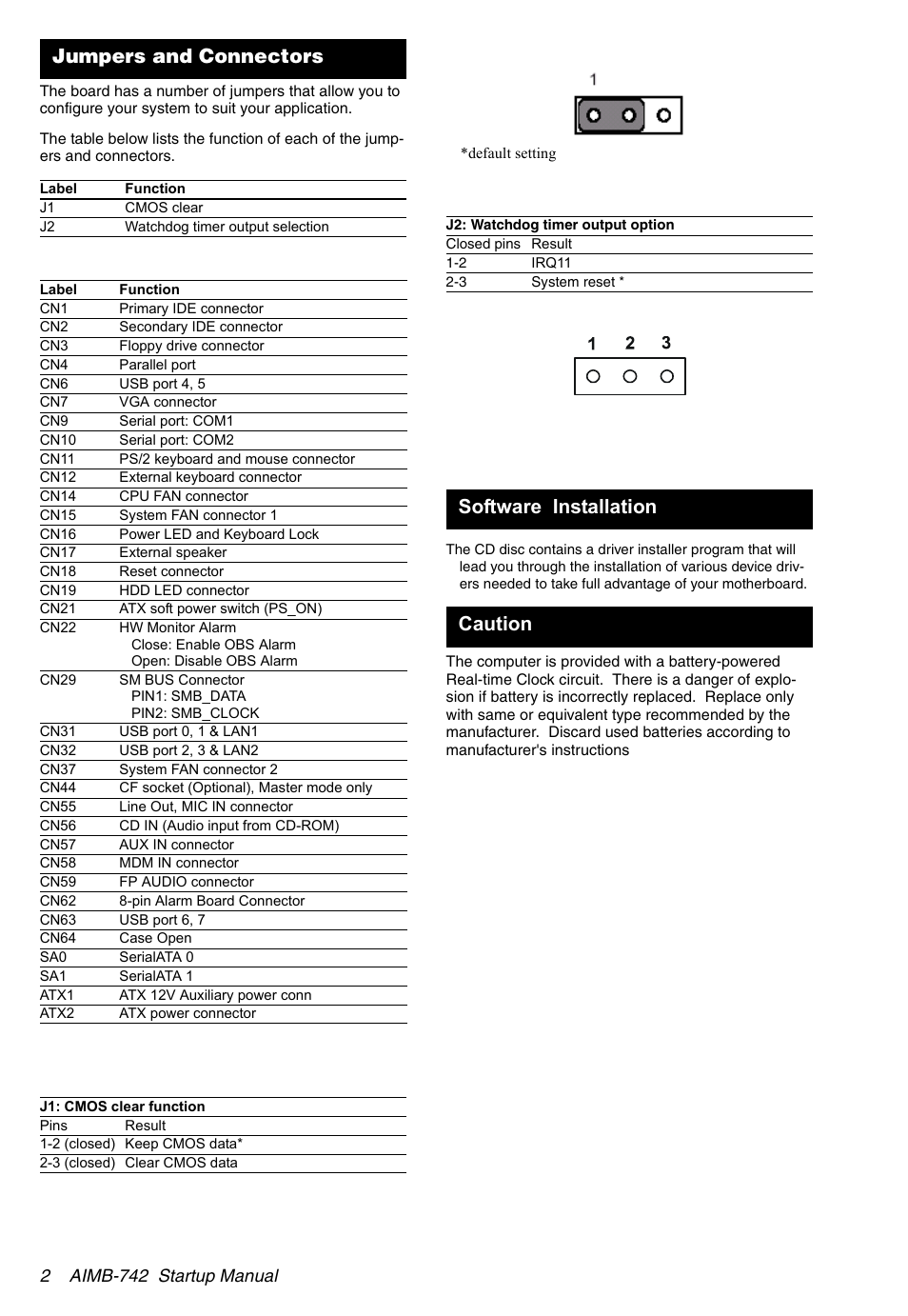 Jumpers and connectors, Software installation caution | Intel Industrial ATX Motherboard AIMB-742 User Manual | Page 2 / 4