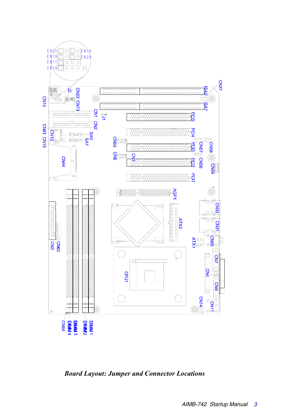 Board layout: jumper and connector locations | Intel Industrial ATX Motherboard AIMB-742 User Manual | Page 3 / 4