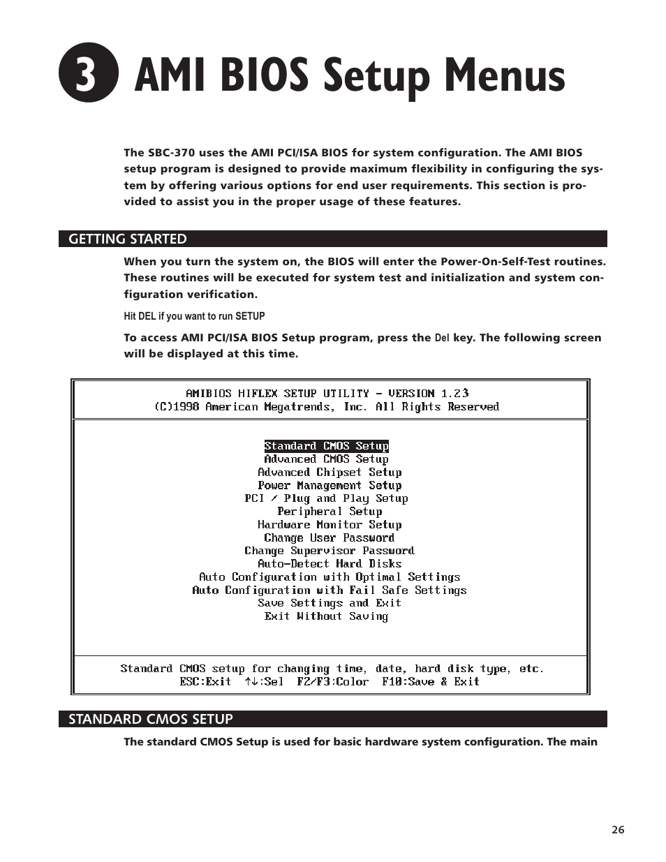 Ami bios setup menus 26, Getting started 26, Bios main setup menu 26 | Ami bios setup menus, Getting started, 3ami bios setup menus | Intel SBC-370 User Manual | Page 24 / 40