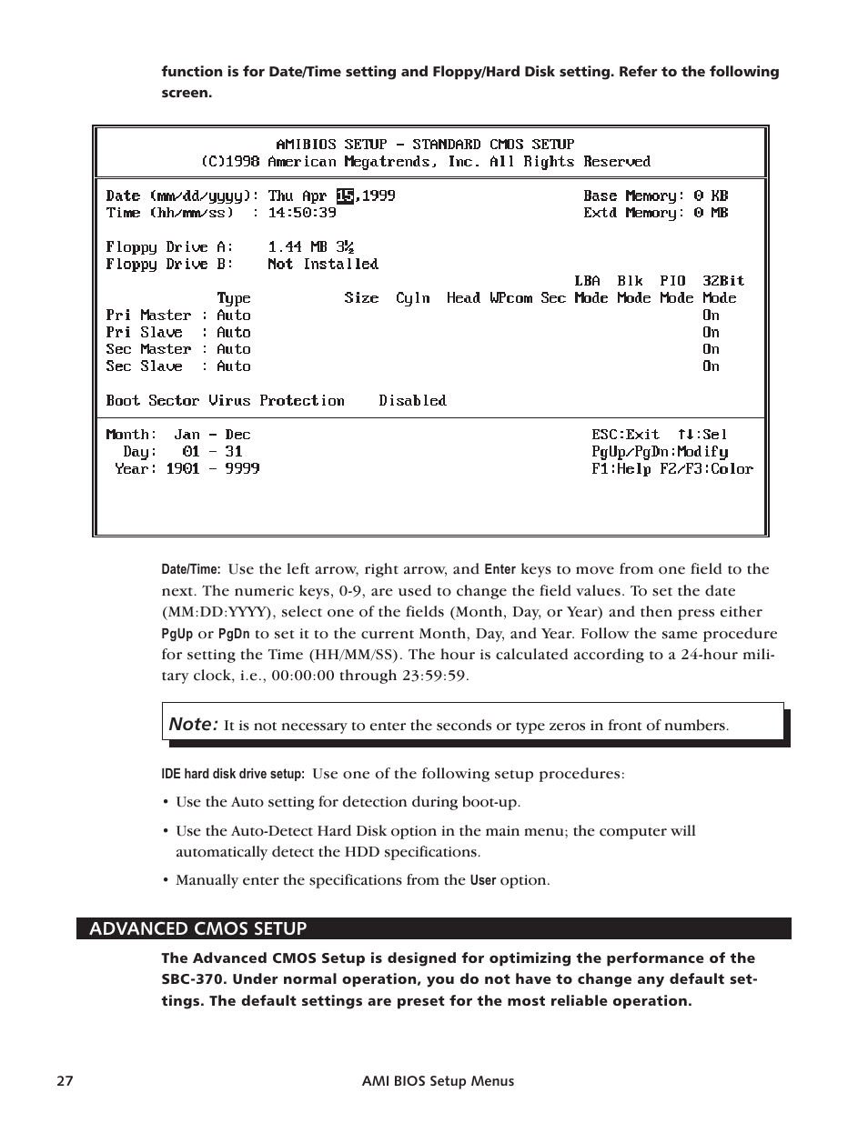 Stan dard cmos setup 27, Date, set ting 27, Ide hard disk drive setup 27 | Time, set ting 27, Standard cmos setup, Advanced cmos setup | Intel SBC-370 User Manual | Page 25 / 40