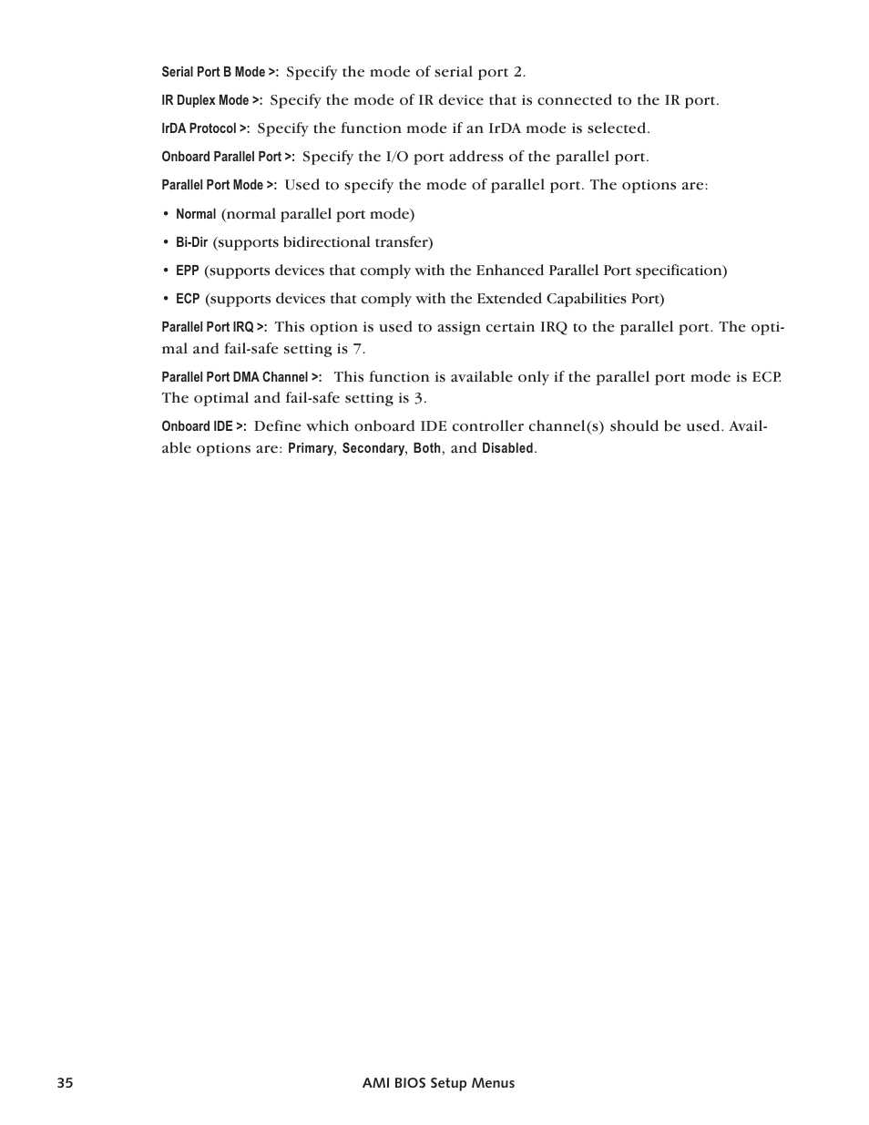 Ide , onboard 35, Ir du plex mode 35, Irda pro to col 35 | Par al lel port dma chan nel 35, Par al lel port irq 35, Par al lel port mode 35, Par al lel port, onboard 35, Se rial port b mode 35 | Intel SBC-370 User Manual | Page 33 / 40