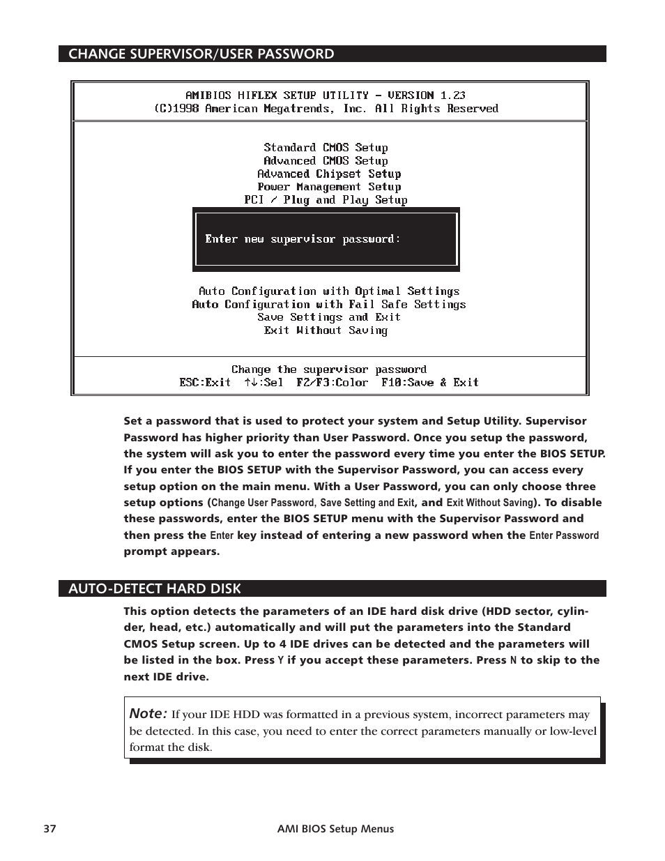 Change su per vi sor/user pass word 37, Auto-de tect hard disk 37, Change su per vi sor pass word 37 | Change user pass word 37, Su per vi sor 37, User 37 | Intel SBC-370 User Manual | Page 35 / 40