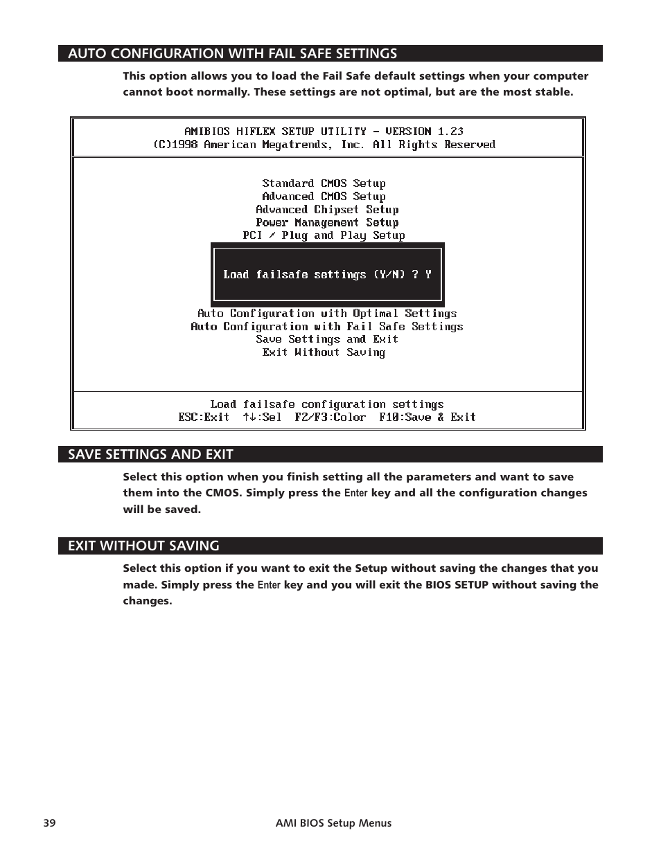 Auto con fig u ra tion with fail safe set tings 39, Save set tings and exit 39, Exit with out saving 39 | Exit with out sav ing 39 | Intel SBC-370 User Manual | Page 37 / 40