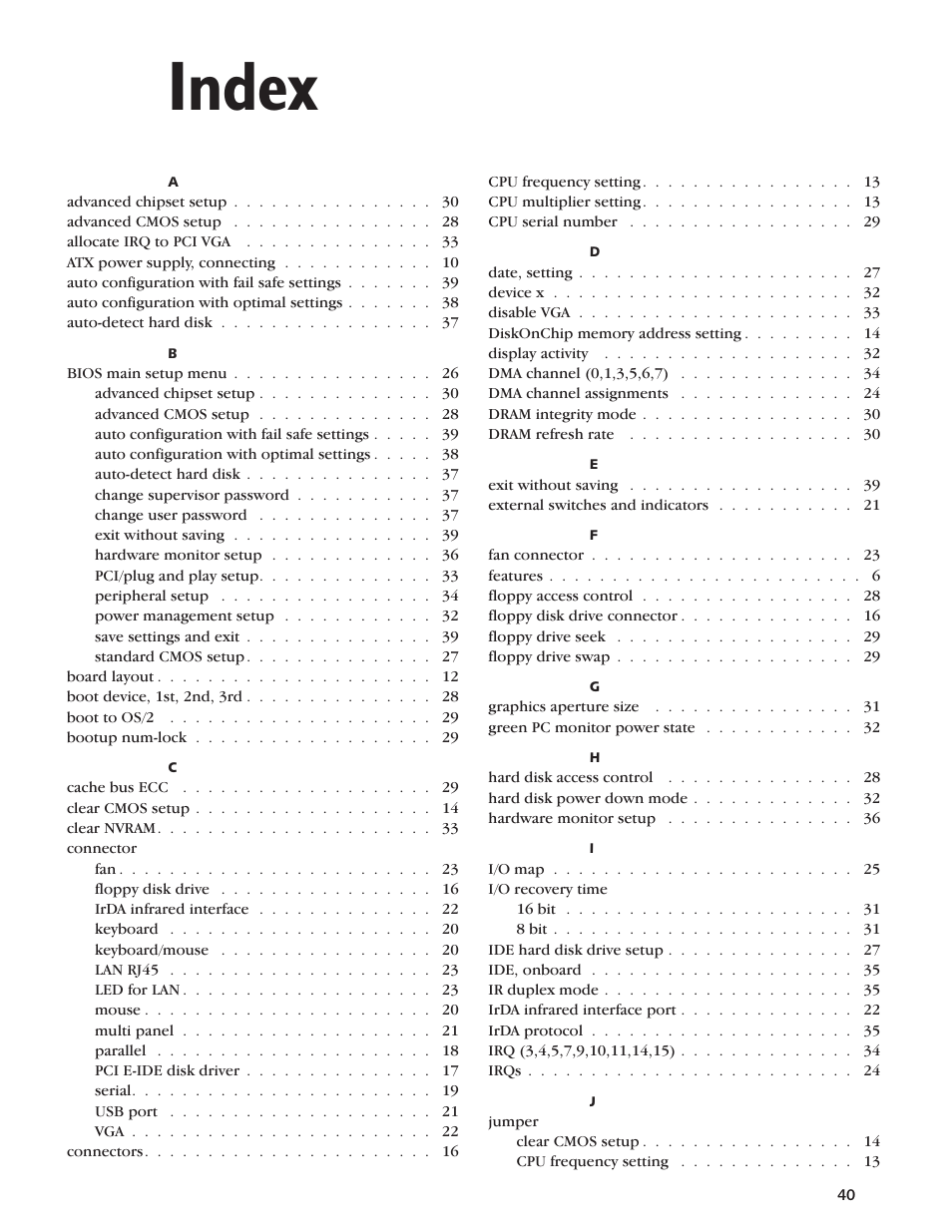 In dex, Index | Intel SBC-370 User Manual | Page 38 / 40