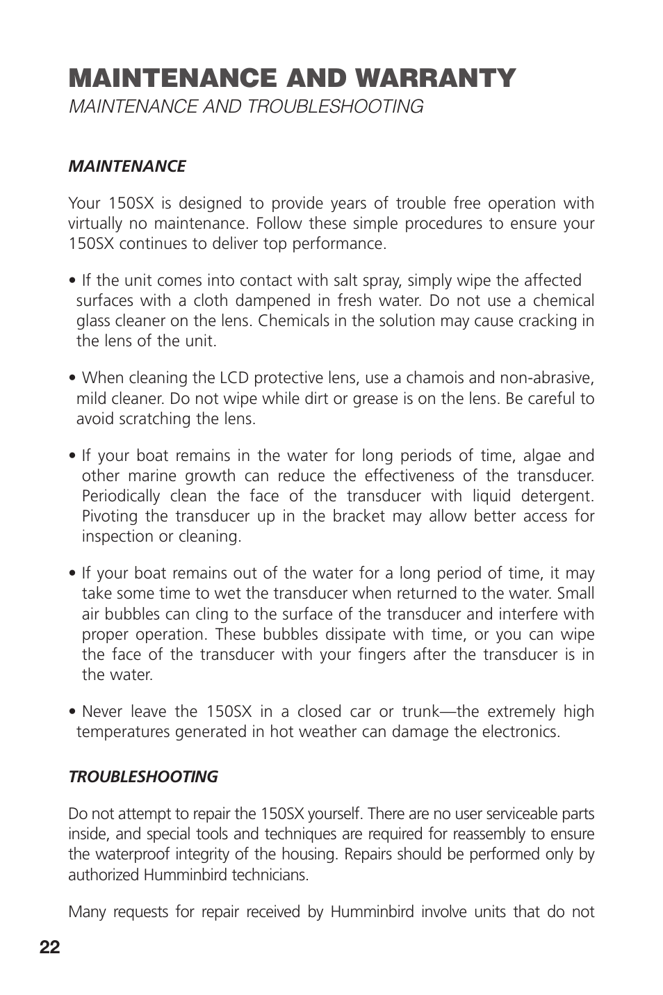 Maintenance and warranty | Intel 150SX User Manual | Page 24 / 36