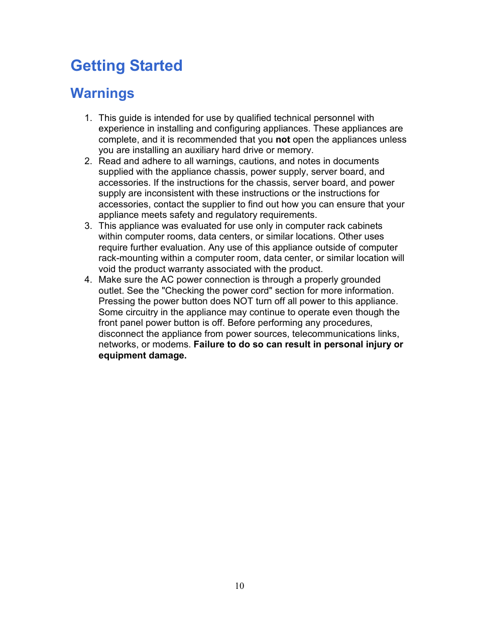 Getting started, Warnings | Intel 1300 User Manual | Page 10 / 77