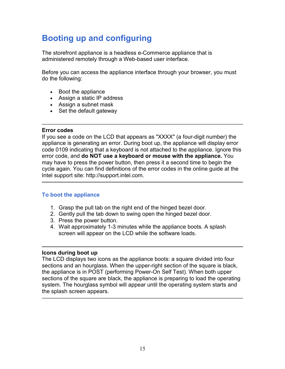 Booting up and configuring | Intel 1300 User Manual | Page 15 / 77