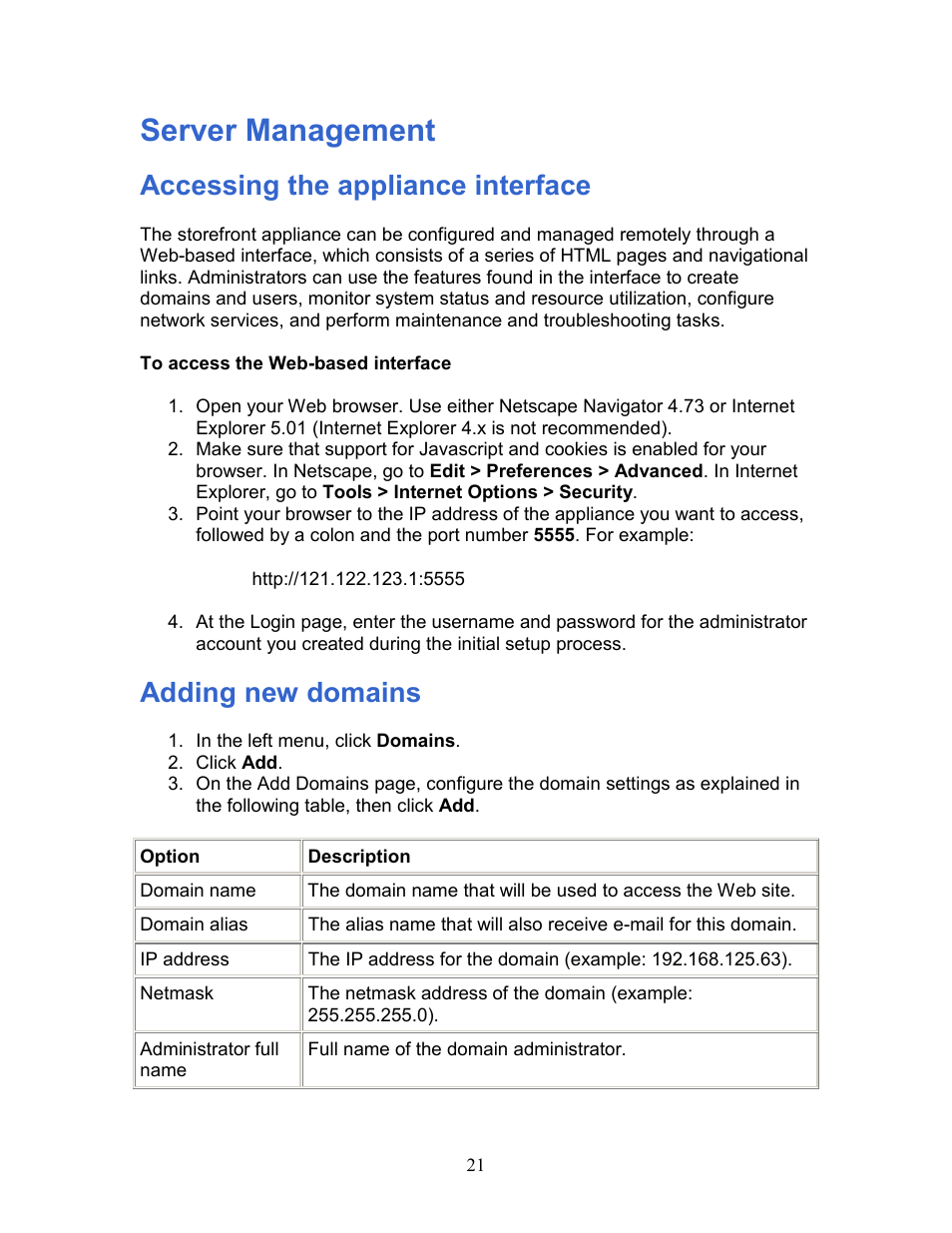 Server management, Accessing the appliance interface, Adding new domains | Intel 1300 User Manual | Page 21 / 77