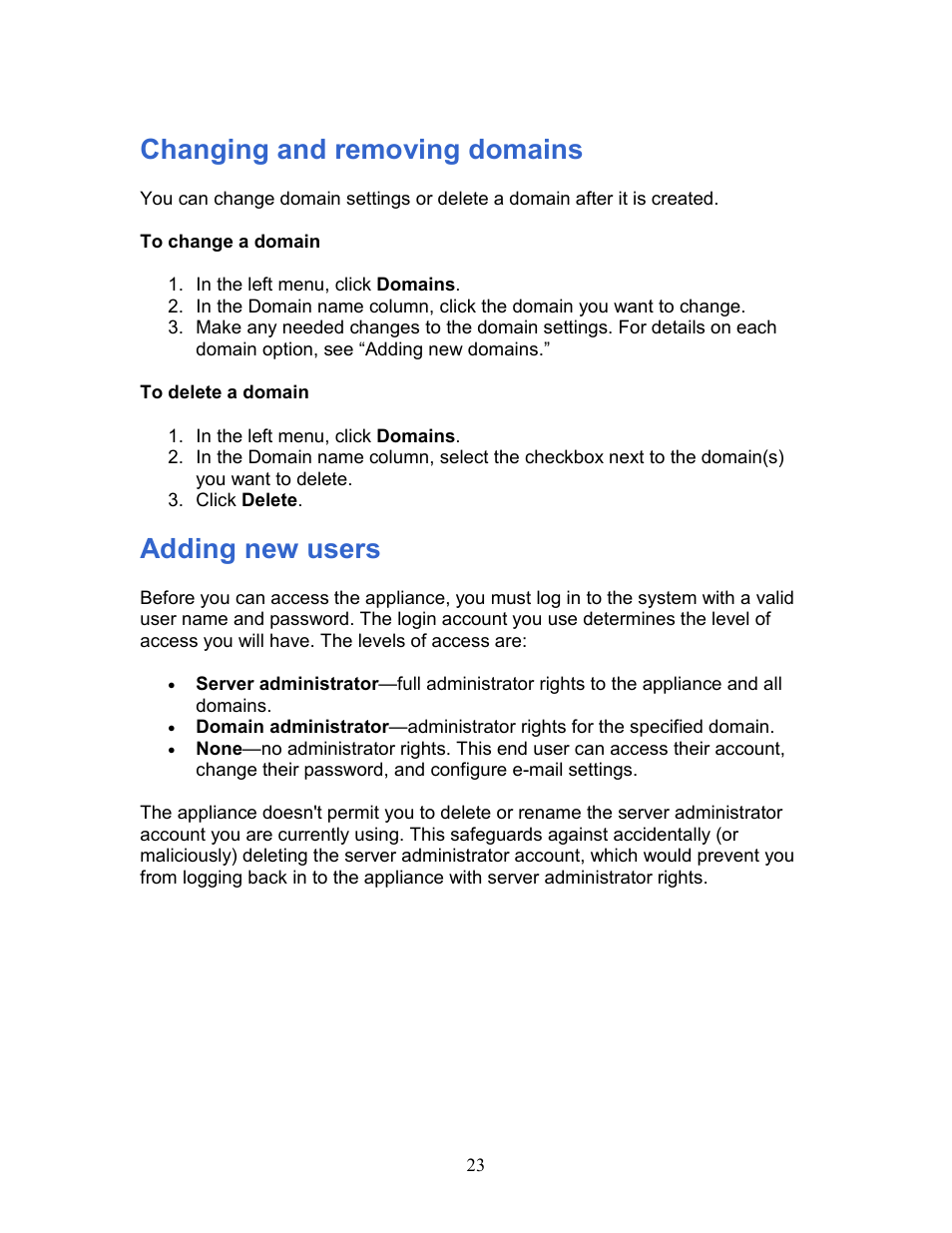 Changing and removing domains, Adding new users | Intel 1300 User Manual | Page 23 / 77