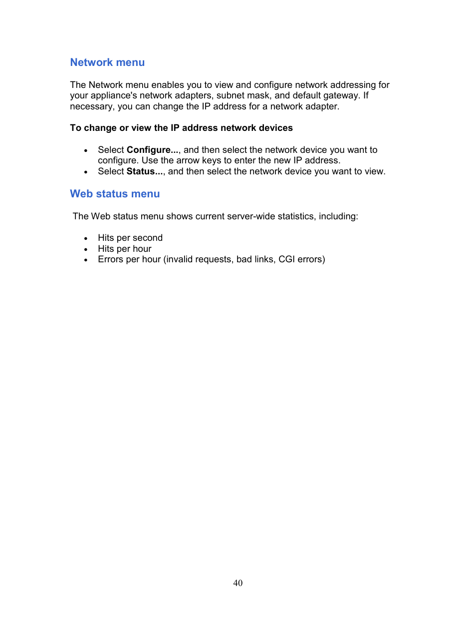 Network menu, Web status menu | Intel 1300 User Manual | Page 40 / 77
