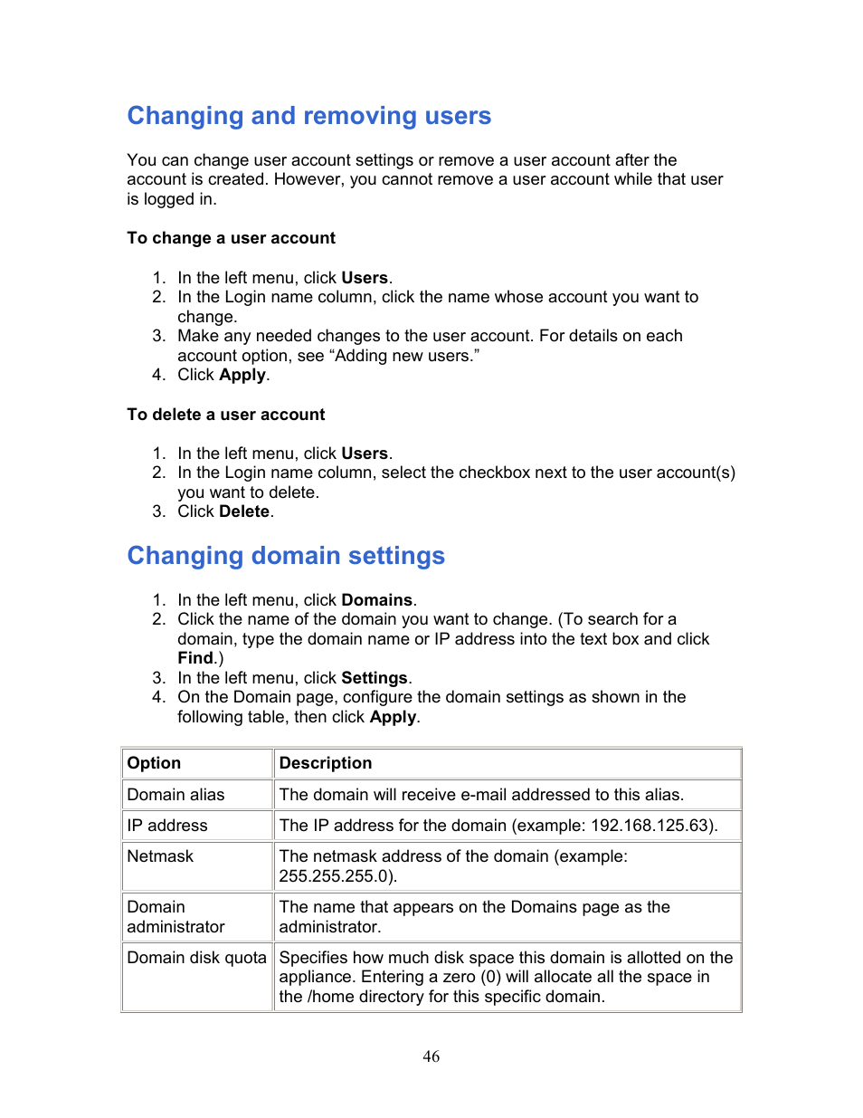 Changing and removing users, Changing domain settings | Intel 1300 User Manual | Page 46 / 77