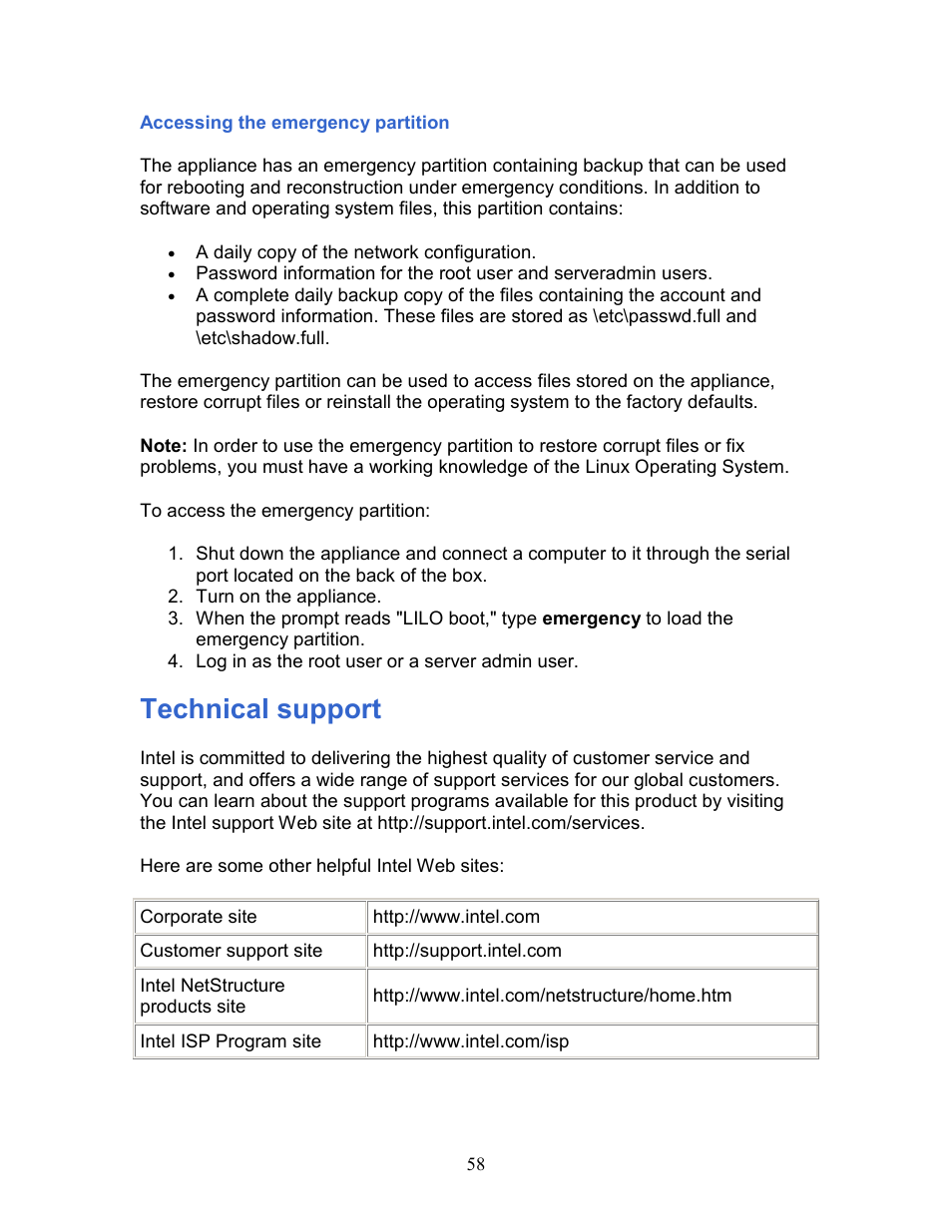 Technical support | Intel 1300 User Manual | Page 58 / 77