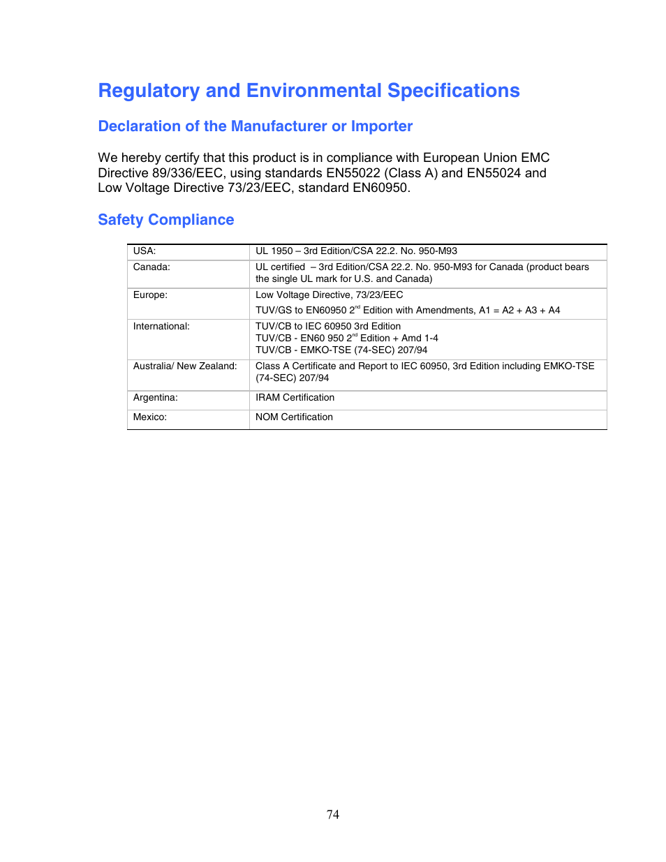 Regulatory and environmental specifications, Declaration of the manufacturer or importer, Safety compliance | Intel 1300 User Manual | Page 74 / 77