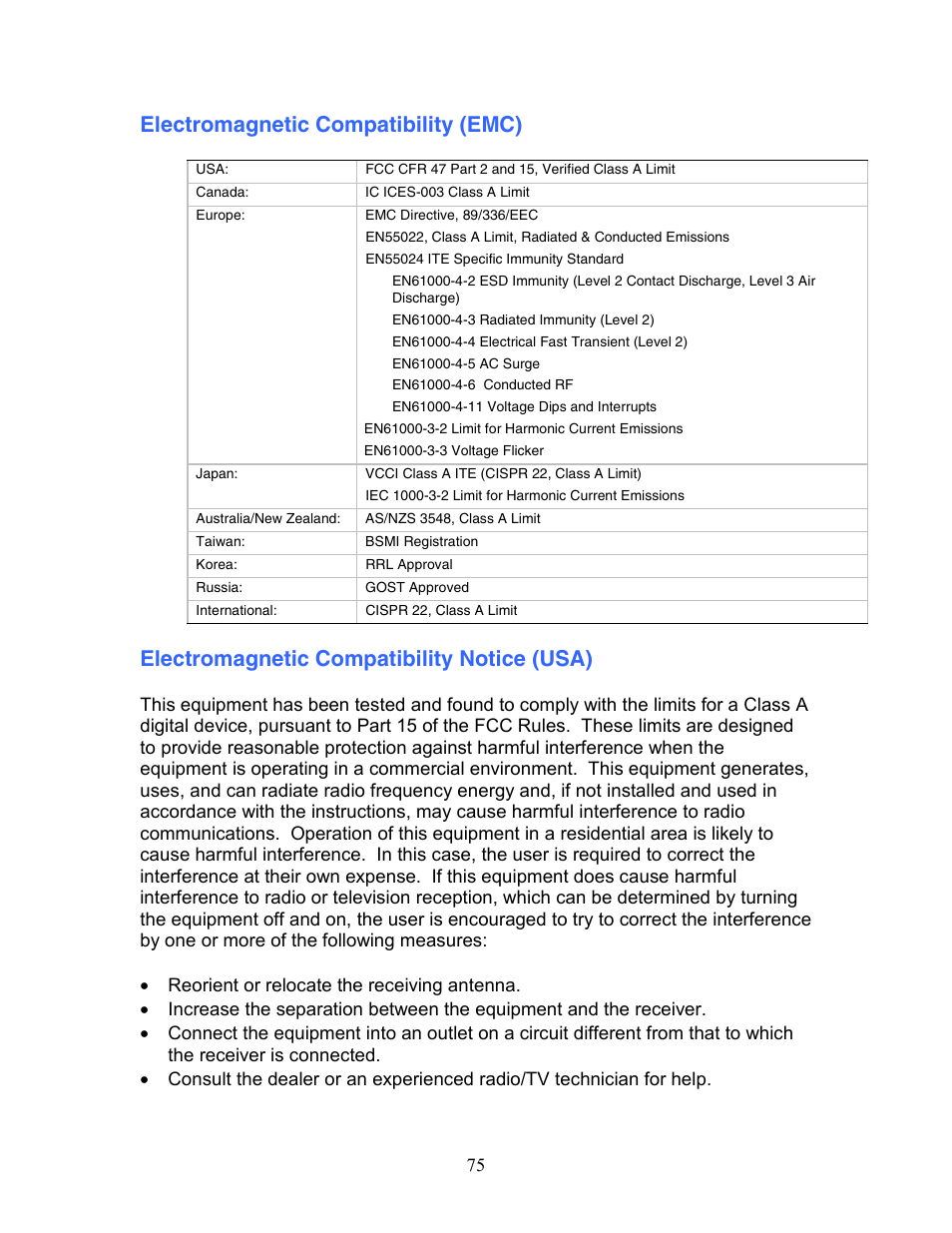 Electromagnetic compatibility (emc), Electromagnetic compatibility notice (usa) | Intel 1300 User Manual | Page 75 / 77
