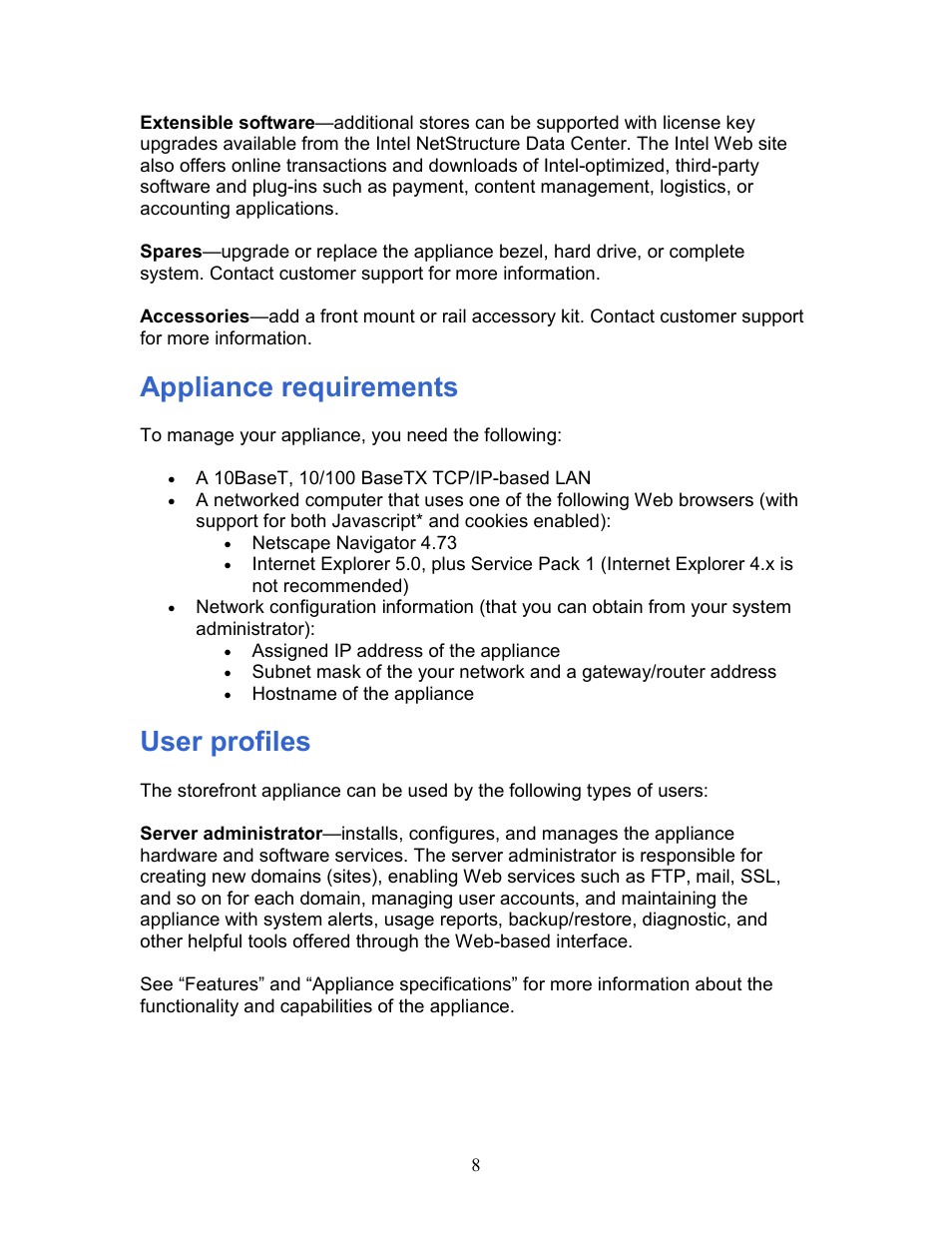 Appliance requirements, User profiles | Intel 1300 User Manual | Page 8 / 77