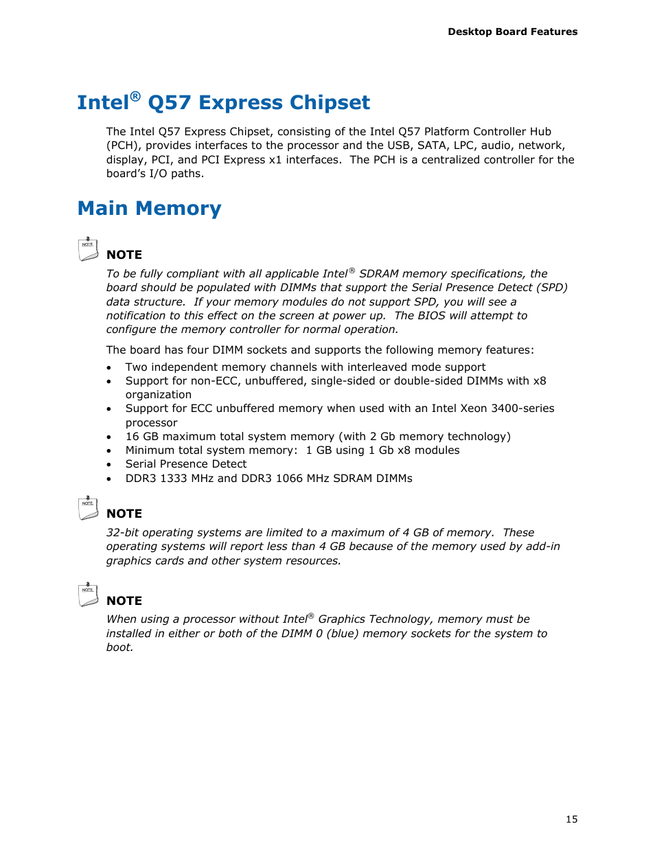 Intel® q57 express chipset, Main memory, Intel | Q57 express chipset | Intel DQ57TM User Manual | Page 15 / 88