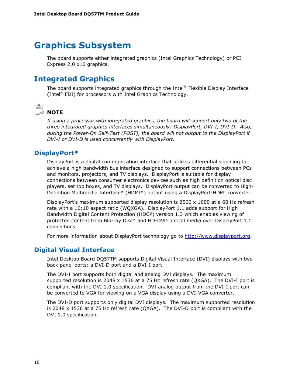 Graphics subsystem, Integrated graphics, Displayport | Digital visual interface | Intel DQ57TM User Manual | Page 16 / 88