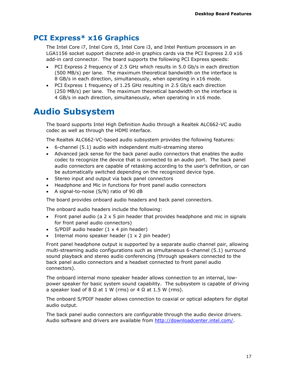 Pci express* x16 graphics, Audio subsystem | Intel DQ57TM User Manual | Page 17 / 88