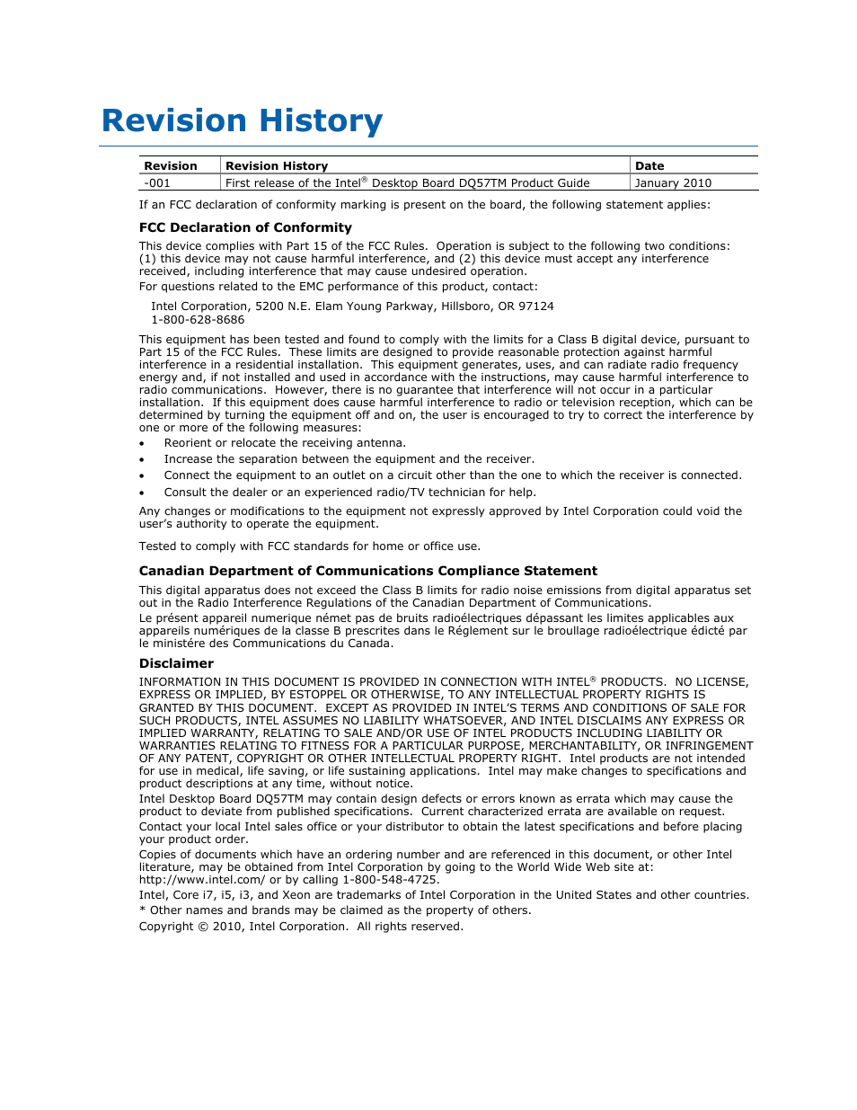 Revision history | Intel DQ57TM User Manual | Page 2 / 88