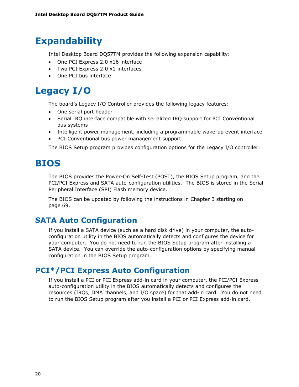Expandability, Legacy i/o, Bios | Sata auto configuration, Pci*/pci express auto configuration | Intel DQ57TM User Manual | Page 20 / 88
