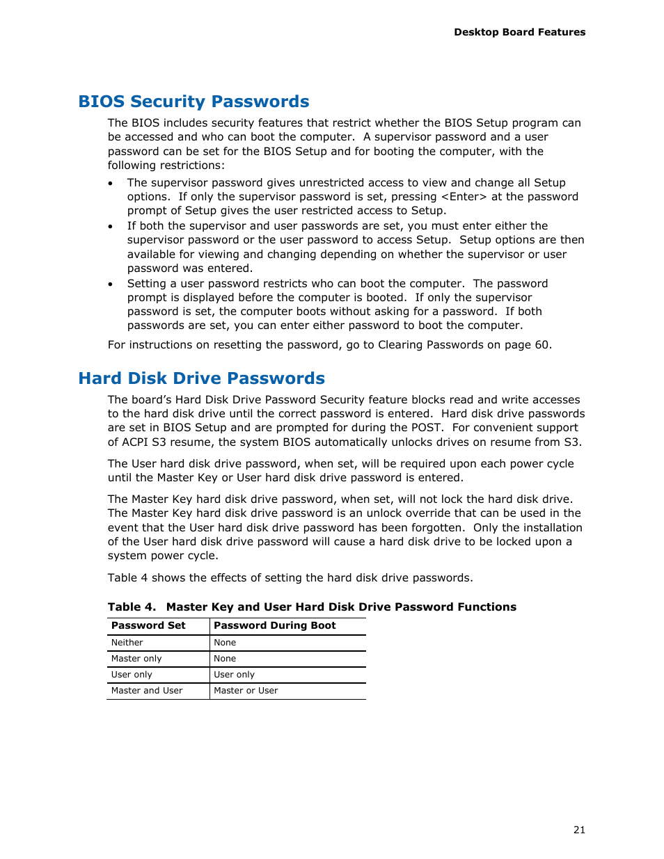 Bios security passwords, Hard disk drive passwords | Intel DQ57TM User Manual | Page 21 / 88