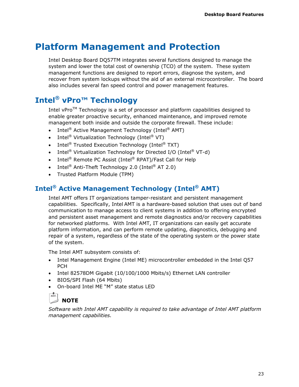 Platform management and protection, Intel® vpro™ technology, Intel | Vpro™ technology, Active management technology (intel, Amt) | Intel DQ57TM User Manual | Page 23 / 88